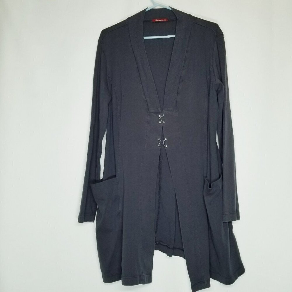 Barbara Lesser Long Cardigan sweater gray‎ hook eye closure pockets kimono XL